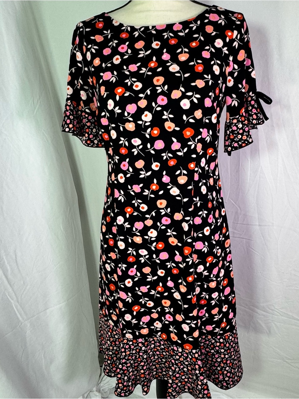 Talbots Floral Midi Dress Sz 2 Black Ruffle Hem Cottagecore Boho Chic